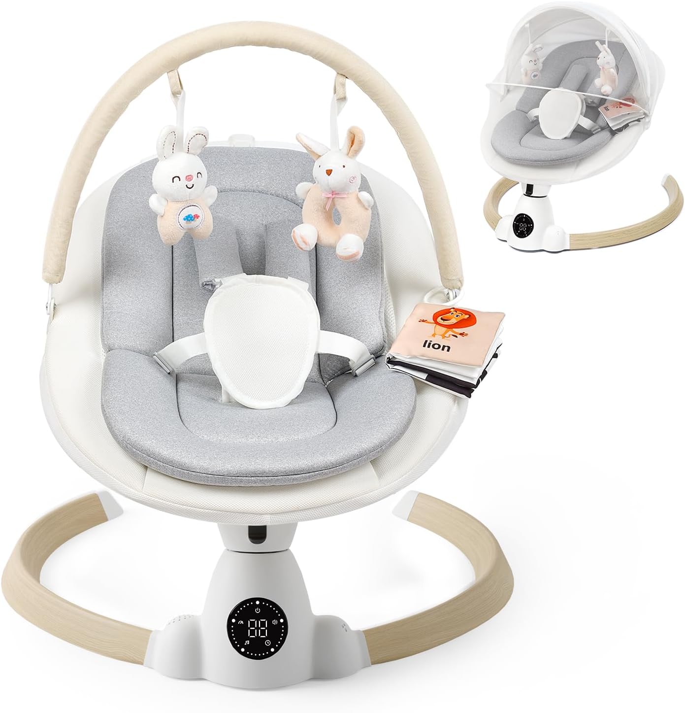 Baby Bouncer, Portable Electric Baby Swing with Bluetooth, 5 Swing Speed, 10 Lullabies, 5-Point Harness, Remote Control & Touch Panel - Bouncer from Birth for Indoor & Outdoor Use (Wood Grain)