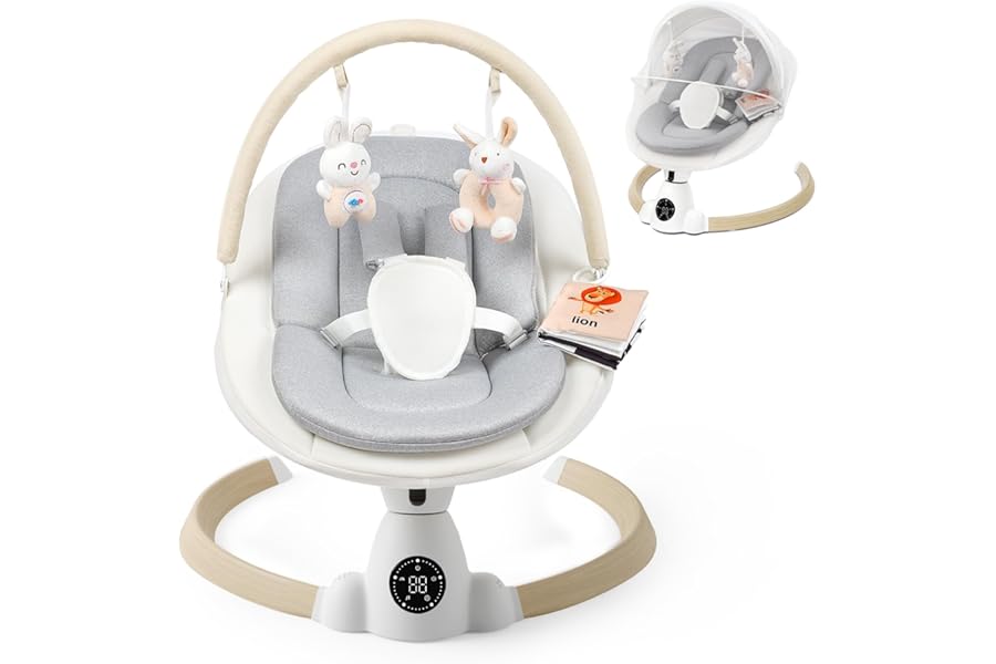 Baby Bouncer, Portable Electric Baby Swing with Bluetooth, 5 Swing Speed, 10 Lullabies, 5-Point Harness, Remote Control & Touch Panel - Bouncer from Birth for Indoor & Outdoor Use(Wood)