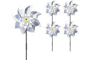 MOGADEE Windmills 5 Pack - Sparkly Silver Bird Repellent Windmills for Garden and Farm