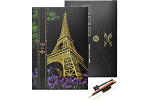 Wandefol Carte à Gratter 405 × 285mm DIY Loisirs Créatifs Dessins à Gratter avec Outils. Montgolfière, Ville d'eau de Venise, Big Ben, Château, Moulin à vent pour Enfants Adultes (la Tour Eiffel)