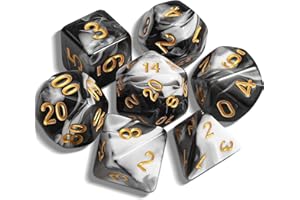 QMAY DND Lot de 7 dés polyédriques pour Donjons et Dragons MTG RPG D&D D20, D12, D10, D%, D8, D6, D4 (Noir Rélangé à du Blanc)