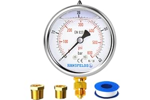 Hansfelds 0-40bar Pressure Gauge Liquid Filled 1/4'' BSP Lower Mount 63mm Dial Face stainless steel case Brass Connection Dual Scale bar/psi Accuracy1.6,2Pieces Bushing reducer 1/4"to 3/8",1/4"to1/2"