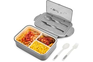 BIBURY Porta Pranzo, Lunch Box Prova di Perdite, Bento Box con 3 Scomparti e Posate(Forchetta e Cucchiaio), Portapranzo, Sicuri per Microonde e Lavastoviglie - Grigio