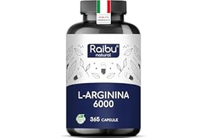 RAIBU L-Arginina - 365 Capsule Vegane - 6000 mg di L Arginina HCL Pura per Dose Giornaliera - Alto Dosaggio, Senza Additivi e Testato in Laboratorio - Naturale Integratore Alimentare