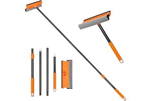 JEHONN Lavavetri con Corto e Manico Telescopico 138 cm, Pulisci Vetri Finestre Professionale, Tergivetro in Silicone e Spugna, Tergipavimento per Pareti di Vetro Bagno Auto Doccia Finestre