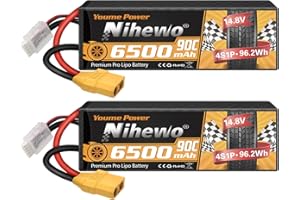 2Packs 4S Lipo Battery Pack, Nihewo 14.8V RC Battery 6500mAh 90C HardCase Lipo Batteries XT90 Connector Compatible with Arrma Losi 1/5 1/6 1/7 1/8 RC Car Truck Truggy Vehicles Tank Boat Airplane