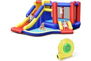 GOPLUS Aufblasbarer Hüpfburg, mit Kinderrutsche&Kletterwand&Trampolin, mit aufblasbarem Basketball, Planschbecken für 3-4 Kinder bis 120 kg, inkl.Tragetasche, 383x313x182cm (Modell 3, Mit Gebläse)