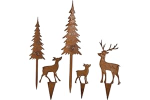 Storm's Gartenzaubereien Hirschfamilie 5-teilig - Rostdeko für Adventsdeko - Herbstdeko - Gartenstecker mit Tannenbäumen - DIY Weihnachtsdeko für Kränze - Metallstecker Set