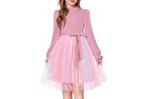 Arshiner Vestido de Niña Punto Mangas Abullonadas y Volantes Vestidos Fiesta Tul Vestido Informal Corte A Grueso Otoño Invierno Vestidos Midi Cuello Redondo Ropa Infantil con Cinturón 6-13 Años