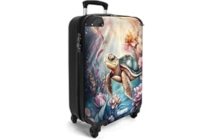 NoBoringSuitcases.com® Handgepäck Koffer Kinder 55x35x20 cm Reisekoffer Kinderkoffer mit 4 Rollen Leicht Cabin Trolley Hartschalenkoffer Flugzeug Schildkröte - Wasser - Blumen