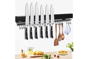 Dmore Barre magnétique pour couteaux de 59 cm avec 15 crochets, porte-couteaux noir magnétique avec barre à crochets, porte-couteaux magnétique extrêmement autocollant, ruban adhésif et vis, pour
