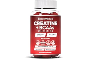 PureWellness Creatine and BCAA Gummies - 5000mg Creatine Monohydrate, 1000mg BCAAs per Serving - Chewable Vegan Sugar Free Gummies, Strawberry Flavour (1 Month Supply)