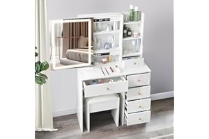 Guanglai Vanity Set Dressing Table with LED Lighted Makeup Mirror, Modern Vanity Table Desk with LED Lights & Storage Drawers and Stool for Bedroom,Girls Women