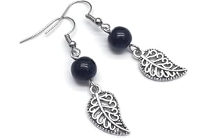 AH! JEWELLERY Dangly Earrings Silver Tone Tibetan Leaf Charms with Black Glass Beads - 48mm Long on Nickelfree Hooks