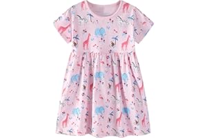 Smazero Baby Girl's Summer Dresses Short Sleeve Casual Dinosaur Horse Print Shirt Dress Little Kids Clothes Children Age 1-7 Years