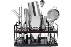 LEBARSTOR Boston coctelera Kit Completo de 20 Piezas con Soporte, Cocktail Shaker en Acero Inoxidable de 825 ml, coctelera Profesional para Bar en casa, Cocktail Kit Perfecto para Regalo (Plata)