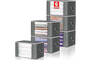 BUDDING JOY 6 Pack Clothes Storage Bags Large Capacity Storage Boxes with Lid Foldable Packing Boxes for Moving House with Durable Handles Thick Fabric for Duvet Clothing Bedding Gray