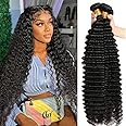 Perstar Deep Curly 4 Bundles Virgin Human Hair Weave Bundles for Black Women 150% Density Unprocessed Remy Hair Bundles Brazilian Hair Extensions Natural Black (22 24 26 28)