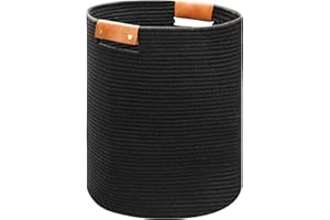 Goodheim Wäschekorb Geflochten Faltbarer Wäschekorb mit Henkel, Aufbewahrungskorb für Wäsche, Spielzeug, Korb aus Baumwolle, Wäschesammler, Kinderzimmer Schwarz Leder Griff