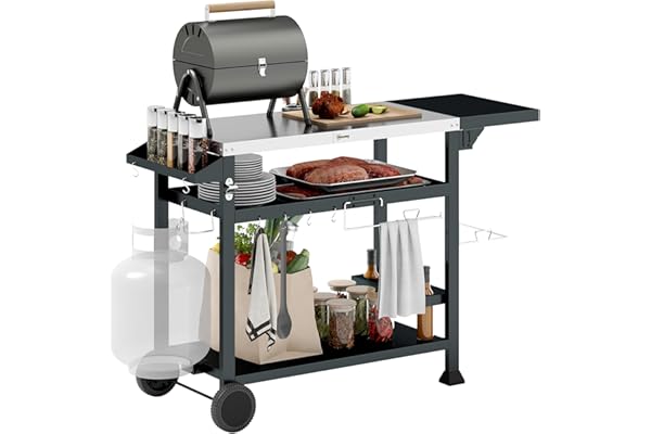 Outsunny Chariot desserte pour Barbecue plancha avec Plateau en INOX, Multi-équipements, 6 Crochets, Tablette Rabattable, 3 étages, 2 roulettes