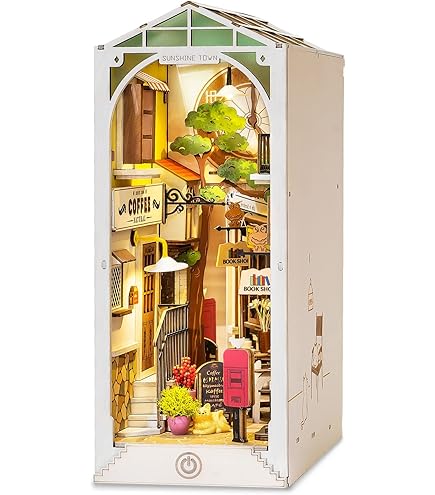 Robotime Houten boekhoek-poppenhuisset, doe-het-zelf, muurhangend, miniatuurkamer, puzzelhuismodel, bouwpakket met ledlichtjes, thuis, boekenplankdecoratie (Tijdreizen