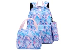 SIVENKE Rhombus Print Backpack for Teen Girls with Lunch Bag Pen Case 3pcs School Bag Set, 15.6in Laptop Daypack Bookbags with USB Charging Port