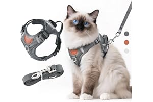 LUOJINYI Verstellbares Katzengeschirr mit Leine Ausbruchsicher, Katze Brustgeschirr mit Reflektierend Streifen & Atmungsaktiv Netzgewebe, Softgeschirr für Katzen Kätzchen Welpen (Dunkelgrau, S)