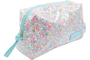 PONETTE - Neceser de Mujer Grande Plastificado con Estampado de Flores Rosa, Azul, Mostaza y Gris y Texto Believe in You Are As Pretty As A Flower, Playa, Piscina, Viaje, Impermeable, Marca Española
