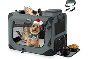 Reerooh Hundebox M 60x42x42cm, Faltbar Hundetransportbox Inkl.Hundenapf, Tragbare Hundetasche für Reisen, Hunde und Katzen Auto Haustiertransportbox (Grau, M)