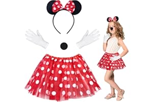 HONMOK 4 Piece Girls Mouse Costume, Mouse Fancy Dress Outfit with Red Tutu Skirt, Mouse Ear Headwear, Nose, White Gloves, for 3-10y Kids World Book Day Costume Accessories