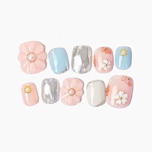 Sun&Beam Nails Press-On Nägel Kurz & Rund – Braun-weiß Design Mit 3D Perlen, Inkl. Klebepads