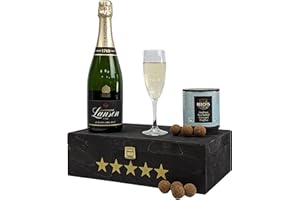 BELLEVUE WINES Lanson Le Black Label Brut Champagne, 75cl and Beech's Caramel Truffle Set in a 5 Star Wooden Gift Box - Mother's Day, Birthday, Congratulations Gift, For Her Luxury Gift Hamper