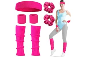 LEOEASIY Disfraz Años 80 Mujer, Traje de los 80 Accesorios para Mujer, Set con Diadema Deportiva, Muñequeras, Calentadores Piernas, Disfraces de Carnaval Accesorios para Fiestas Temáticas de los 80