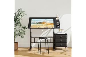 Moziel Tavolo da Disegno Inclinabile da 0 a 60°, Altezza Regolabile con Sgabello, Scrivania per Somputer da Studio di Architettura per Disegnatore Pittore Ingegnere Artista (Nero con cassetti)