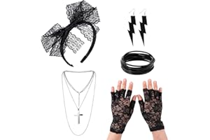 FUIPVGI 5 Piezas 80s Accesorios de Traje para Mujer, Diadema de Encaje Pendientes Fishnet Guantes de Red Collar Pulsera, 80s Accesorios de Traje, para Fiesta Carnaval Halloween (Negro)