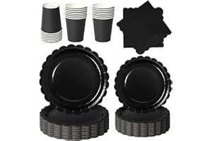 PYAILI Anniversaire Vaisselle de fete 96 Pièces Noir Party Assiettes en Papier Set Assiettes de Fête Papier Tasses Serviettesr, pour Barbecue les Fêtes les Pique-niques -24 Invités