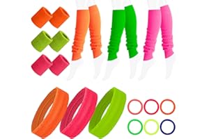 BAIYUANLI 21-Teiliges 80er 90er Jahre Schweißbänder Set, Vintage Neon Stirnband Armband Beinwärmer, DREI Helle Farben Damen Sport Schweißband für 80er 90er Kostüm Party Fasching Karneval Zubehör