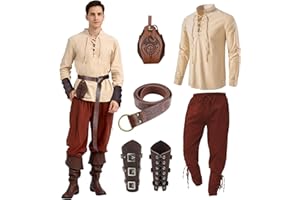 JONRRYIN Vêtements Médiévaux Costume pour Hommes, Costumes Renaissance pour Hommes avec Chemise Classique à Lacets pour Homme, Chemise de Pirate Médiévale, Pantalon Médiéval