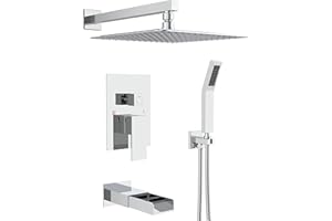 Rainsworth Cromo Sistema de Ducha 3 Funciones - Grifos de Ducha Empotrados Set de Ducha - Tecnología de Inyección de Aire Ducha de Lluvia con Ducha Fija, Ducha de Mano Sistema Ducha 12in