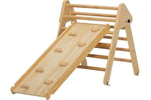 AIYAPLAY 3 en 1 Triangle Escalade Enfants, Rampe Double-Face pour Grimper & Glisser - Parcours motricité bébé en Bois, Aire de Jeux Enfant intérieur pour 18 à 48 Mois, Charge Max. 50 kg, Bois Naturel