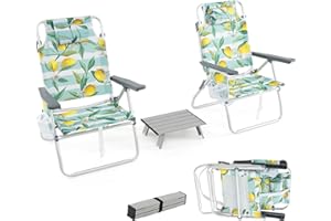 KOMFOTTEU 3PCS Chaises de Plage Pliables avec Table Basse, 2 Fauteil de Plage avec Appui-tête, Dossier réglable en 5 Positions, Chaise de Camping, Sac de Rangement & Porte-gobelet (Motif Citron)