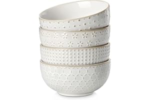 MALACASA Cereal Bowls Set of 4, 30 OZ/900 ML Ceramic Soup Bowl for Kitchen, Stoneware Bowls Set of 4, with 4 Unique Embossed Patterns, Chip, Fruits, Salad, Noodle, Ramen - 6 Inch, Series Lydia