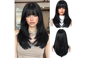 OUFEI Pelucas Negras para Mujeres Peluca Larga y Lisa de Largo Medio con Flequillo Pelo Sintético Pelucas Resistentes al Calor para Uso Diario Fiesta Cosplay