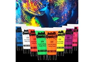 Bowitzki UV-Neon-Körperfarbe, 8 x 10 ml, Gesichtsbemalungsset, Schwarzlicht, im Dunkeln leuchtendes Make-up-Set, fluoreszierende Gesichtsbemalung für Erwachsene,Festival