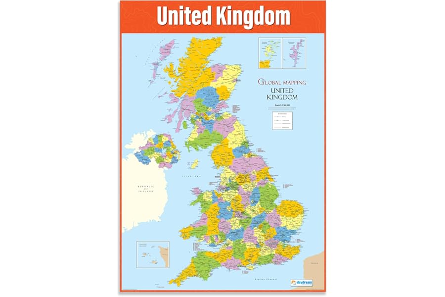 DayDream Education Map of the United Kingdom Poster, Extra Large A1 Gloss Paper (850 mm x 594 mm), Detailed Geography Classroom Wall Chart for Primary & Secondary School