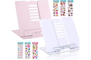 LOSTWRY 2 Piezas Atril para Libros metal, Atril Lectura de Metal con 6 ángulos Ajustables Estante Lectura de Metal Multifuncional Estantes de Lectura para Cocina, Escuela, Oficina (Blanco+Rosa)