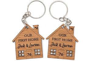 Personalised Wooden Keyring Set – First Home Gift – Custom Names & House Number – New Home Keyrings for Couples – Forever Hom