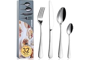 Cutlery Set, BEWOS 32 Piece Stainless Steel Flatware Set, Tableware Silverware Set with Spoon Knife and Fork Set, Service for 8, Dishwasher Safe/Easy Clean, Mirror Polished