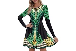 Flaminet Women's St. Patrick's Day Long Sleeves Printed Irish Twirl Dance Dress