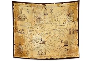 YONGFOTO Arazzo Mappa Pirati Vintage Mappa del Mondo Isola del Tesoro Occidentale Rotta Navigazione Poster Decorazione Dormitorio Copridivano Letto, 150x130cm